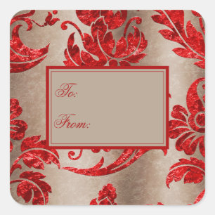 Red Gold Faux Velvet Damask Elegant Gift Label