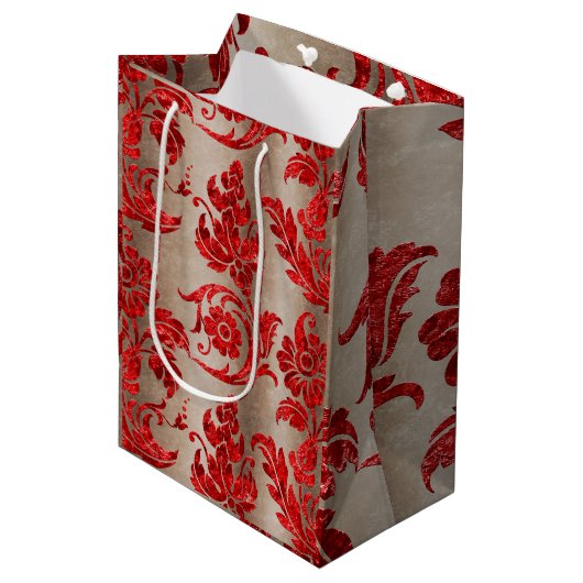 Red Gold Faux Velvet Damask Elegant Medium Cadeauzakje (Voorkant Gekanteld)