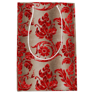 Red Gold Faux Velvet Damask Elegant Medium Cadeauzakje
