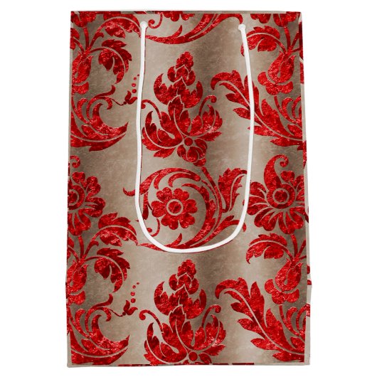 Red Gold Faux Velvet Damask Elegant Medium Cadeauzakje (Achterkant)