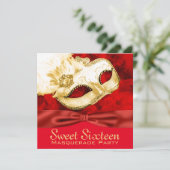 Red Gold Feather Masquerade Party Kaart (Staand voorkant)