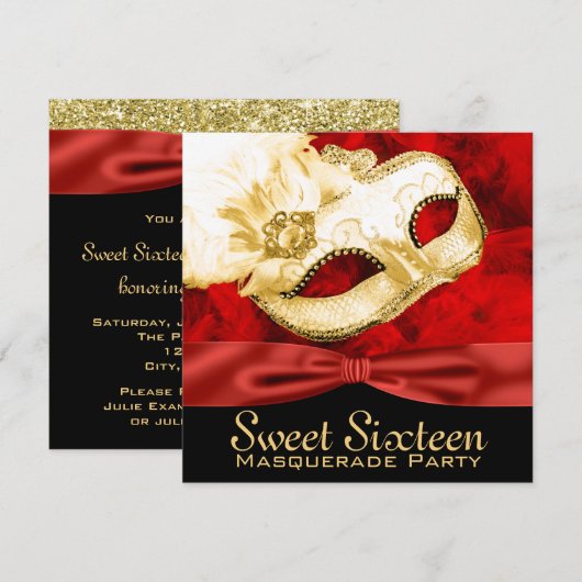 Red Gold Feather Sweet 16 Masquerade Party Kaart (Voorkant / Achterkant)