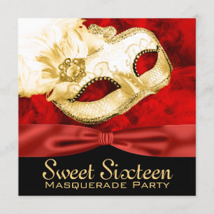 Red Gold Feather Sweet 16 Masquerade Party Kaart