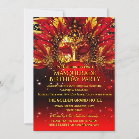 Red Gold Feathered Masks Masquerade Birthday Party Kaart (Voorkant)