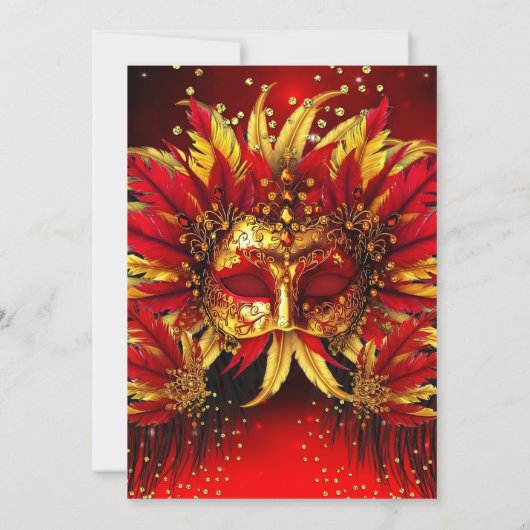 Red Gold Feathered Masks Masquerade Birthday Party Kaart (Achterkant)