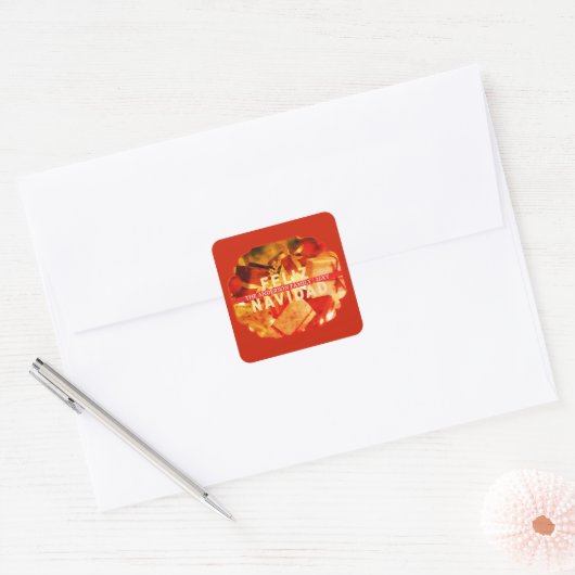  Red Gold Feliz Navidad Modern Merry Christmas Vierkante Sticker (Envelop)