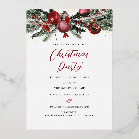 Red Gold Festive Foliage-kerstfeest Folie Uitnodiging (Voorkant)