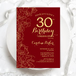 Red Gold Floral 30th Birthday Party Kaart<br><div class="desc">Red Gold Floral 30th Birthday Party Invitation. Minimalistisch modern design met botanische contouren,  faux Gold folie en typografie scriptlettertype. Eenvoudige trendy nodigt een perfecte kaart uit voor een stijlvolle feestdag in het vrouw. Kan op elke leeftijd worden aangepast. Uitnodigingen op Zazzle afdrukken of sjabloon voor digitaal afdrukken direct downloaden.</div>