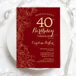 Red Gold Floral 40th Birthday Party Kaart<br><div class="desc">Red Gold Floral 40th Birthday Party Invitation. Minimalistisch modern design met botanische contouren,  faux Gold folie en typografie scriptlettertype. Eenvoudige trendy nodigt een perfecte kaart uit voor een stijlvolle feestdag in het vrouw. Kan op elke leeftijd worden aangepast. Uitnodigingen op Zazzle afdrukken of sjabloon voor digitaal afdrukken direct downloaden.</div>