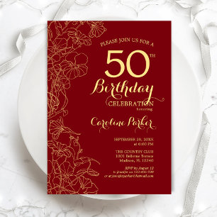 Red Gold Floral 50th Birthday Party Kaart