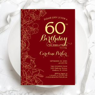 Red Gold Floral 60th Birthday Party Kaart