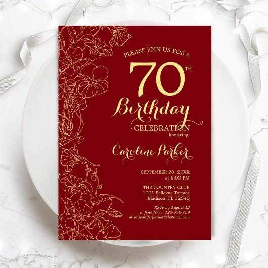 Red Gold Floral 70th Birthday Party Kaart