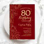 Red Gold Floral 80th Birthday Party Kaart<br><div class="desc">Red Gold Floral 80th Birthday Party Invitation. Minimalistisch modern design met botanische contouren,  faux Gold folie en typografie scriptlettertype. Eenvoudige trendy nodigt een perfecte kaart uit voor een stijlvolle feestdag in het vrouw. Kan op elke leeftijd worden aangepast. Uitnodigingen op Zazzle afdrukken of sjabloon voor digitaal afdrukken direct downloaden.</div>