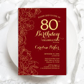 Red Gold Floral 80th Birthday Party Kaart