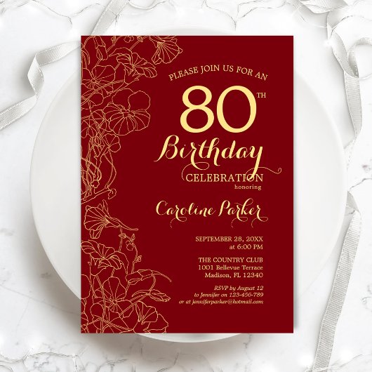 Red Gold Floral 80th Birthday Party Kaart