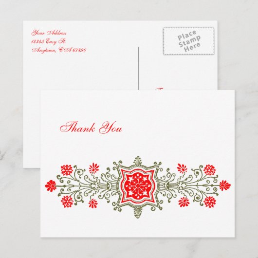 Red Gold Floral - Aangepast bedankt Briefkaarten (Voorkant / Achterkant)