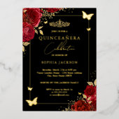 Red Gold Floral Butterfly Tiara Quinceanera Folie Uitnodiging (Voorkant)