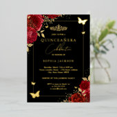 Red Gold Floral Butterfly Tiara Quinceanera Folie Uitnodiging (Staand Voorkant)