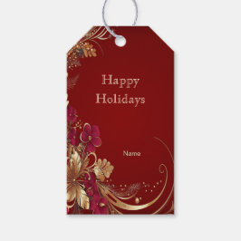 Red Gold Floral Holiday Gift Label Cadeaulabel
