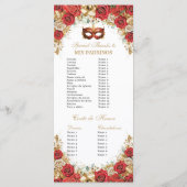 Red Gold Floral Masquerade Mask Ball Quinceanera Programmakaart (Achterkant)