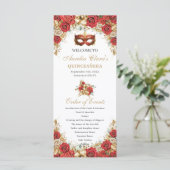 Red Gold Floral Masquerade Mask Ball Quinceanera Programmakaart (Staand voorkant)