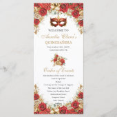 Red Gold Floral Masquerade Mask Ball Quinceanera Programmakaart (Voorkant)