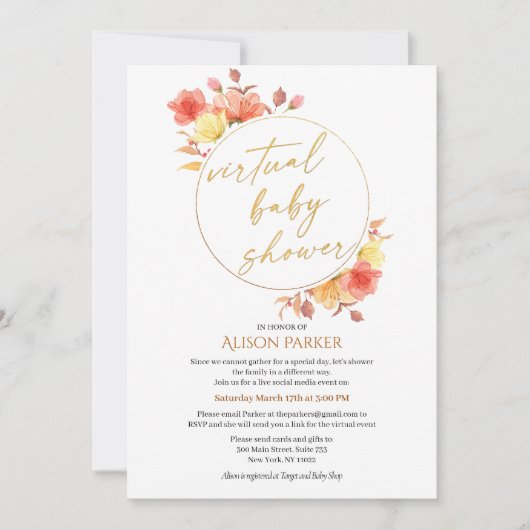 Red Gold Floral met grote Waterverf Virtual Shower Kaart (Voorkant)