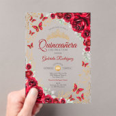 Red Gold Floral Quinceanera Acryl Uitnodigingen (Insitu (Draagbaar))