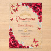 Red Gold Floral Quinceanera Acryl Uitnodigingen (Voorkant)
