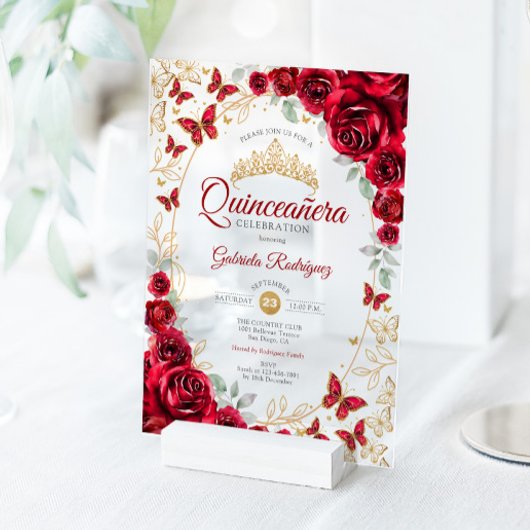 Red Gold Floral Quinceanera Acryl Uitnodigingen