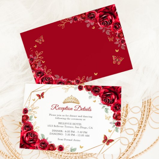 Red Gold Floral Quinceanera Receptie Details Informatiekaartje