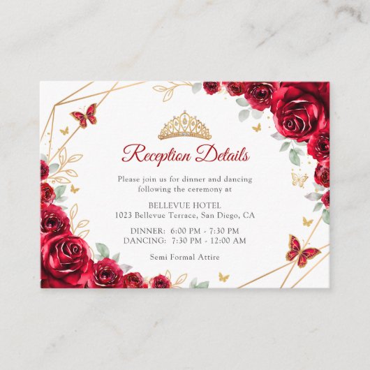 Red Gold Floral Quinceanera Receptie Details Informatiekaartje (Voorkant)