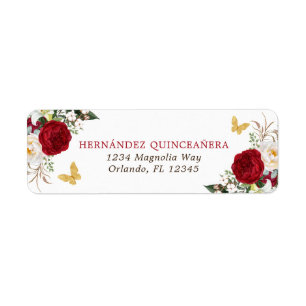 Red Gold Floral Quinceañera Return Address Etiket