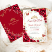 Red Gold Floral Quinceanera Save The Date