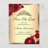 Red Gold Floral Rozen Quinceanera sparen de datum Briefkaart (Voorkant)