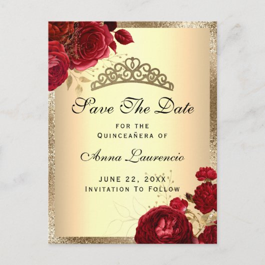 Red Gold Floral Rozen Quinceanera sparen de datum Briefkaart (Voorkant)