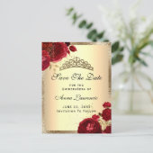 Red Gold Floral Rozen Quinceanera sparen de datum Briefkaart (Staand voorkant)