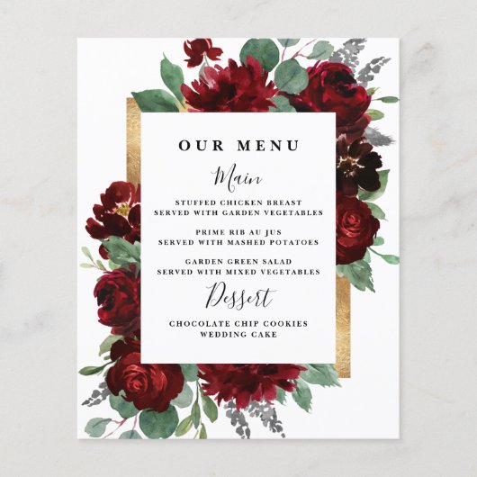 Red Gold Floral Rustic Elegant White Wedding Menus (Voorkant)