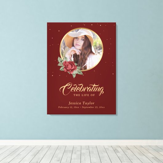 Red Gold Floral — Welkomstteken Canvas Afdruk (Insitu (Houten vloer))