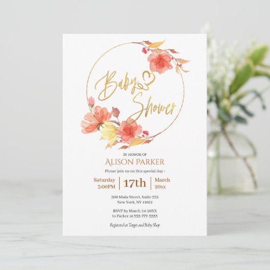 Red Gold Floral WreatWaterverf Baby shower Kaart (Staand voorkant)