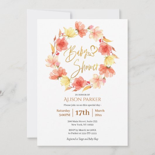 Red Gold Floral WreatWaterverf Baby shower Kaart (Voorkant)