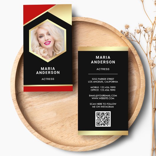 Red Gold Foil Model Actress QR Code Foto Visitekaartje