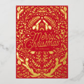 Red Gold Foliage & Berries Vrolijk kerstfeest Folie Feestdagenkaart (Voorkant)