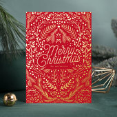Red Gold Foliage & Berries Vrolijk kerstfeest Folie Feestdagenkaart
