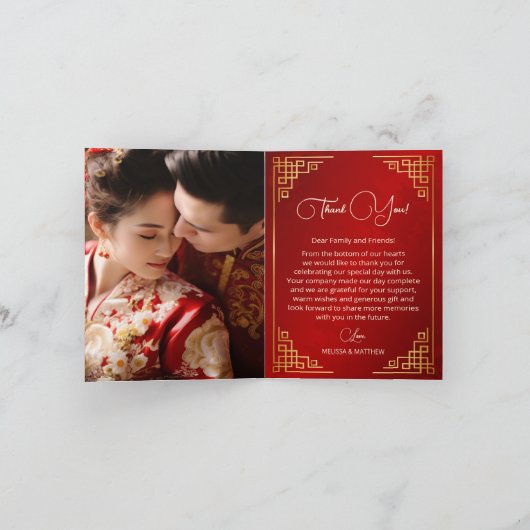 Red Gold Frame Photo Chinese Wedding Bedankkaart (Binnen)