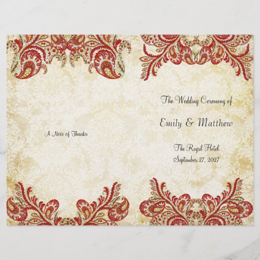 Red Gold Gatsby Paisley Peacock Wedding Programme (Voorkant)