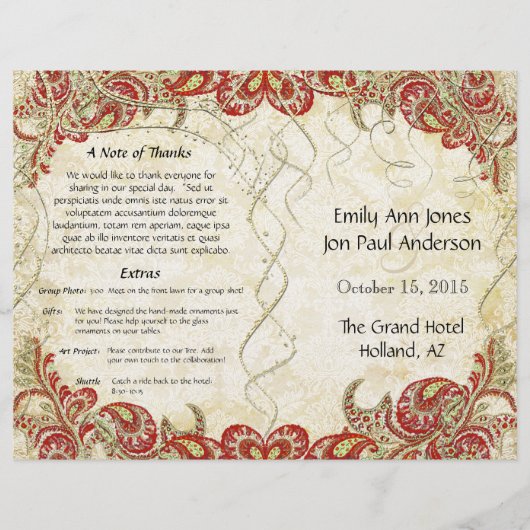 Red Gold Gatsby Paisley Peacock Wedding Programme (Voorkant)