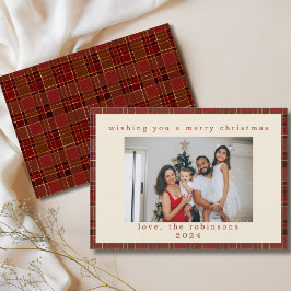 Red Gold Gingham Plaid Custom Photo Christmas Feestdagenkaart
