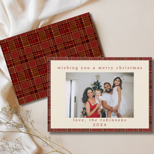 Red Gold Gingham Plaid Custom Photo Christmas Feestdagenkaart