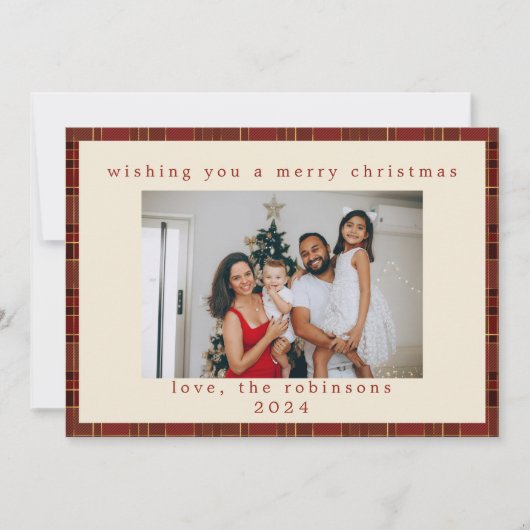 Red Gold Gingham Plaid Custom Photo Christmas Feestdagenkaart (Voorkant)